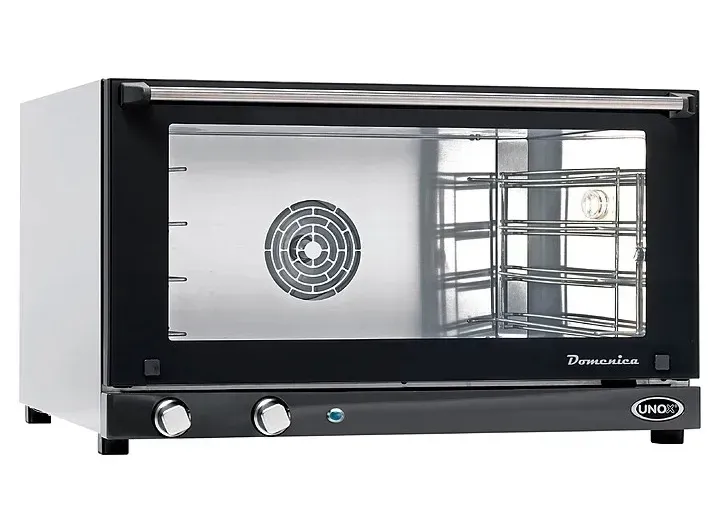 Электрическая печь Domencia с открытой дверцей и видимым внутренним пространством, металлический корпус черного цвета, два поворотных регулятора