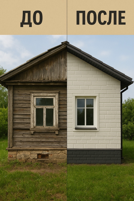 Сравнение здания до и после отделки, показывающее замену деревянной обшивки на современный фасад с кирпичным узором