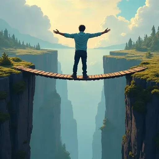 Адам, екі таудың арасында орналасқан көпірде тұрған, жоғары көтерілген қолдарымен тереңдікті жеңген сәтте, суреттегі көркем пейзаждың фонында бұлттар мен ормандармен қоршалған.