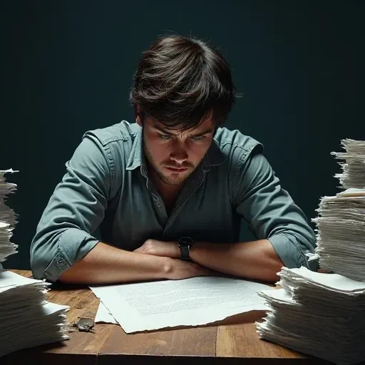 Человек, погруженный в изучение документов, с вниманием смотрит на листы бумаги, окруженный стопками бумаг на деревянном столе