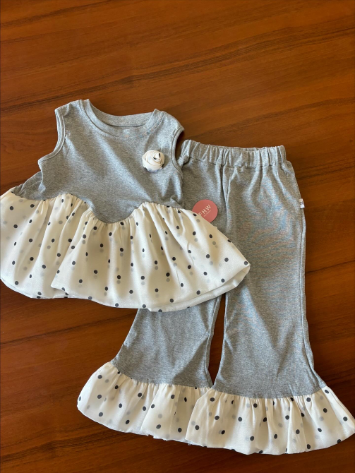 Комплект серая футболка с пышной юбкой в горошек