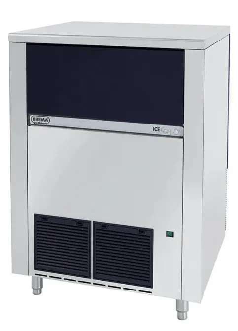Ледогенератор Brema с металлическим корпусом и прозрачной верхней панелью. Эффективное устройство для производства льда в коммерческих целях