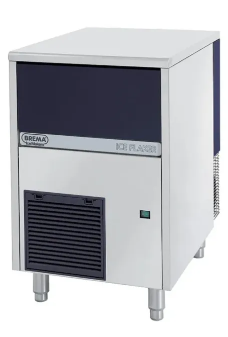Ледогенератор Brema, компактный, с чёрной панелью и металлическим корпусом, используется для производства льда