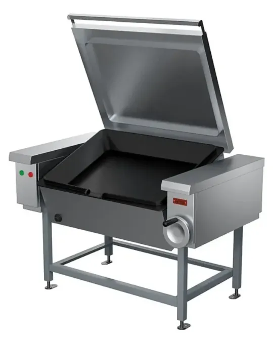 электрическая сковорода с открытой крышкой, стальной корпус и рабочая поверхность, предназначенная для коммерческого использования в кухне