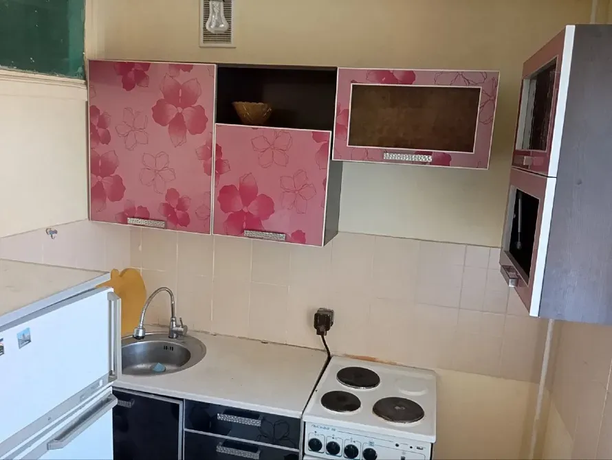 Кухня с розовыми шкафчиками, раковиной и плитой