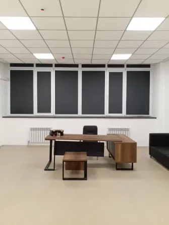 Современный стоматологический кабинет с зелеными жалюзи на окнах и листьевым рисунком на потолке