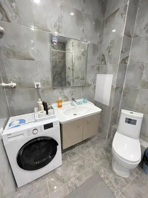 С ванной комнатой с унитазом и стиральной машиной