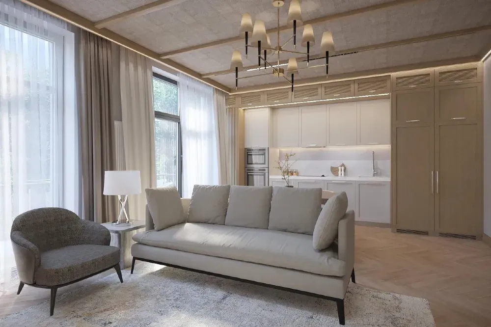 Гостиная с мягким диваном и стильной люстрой