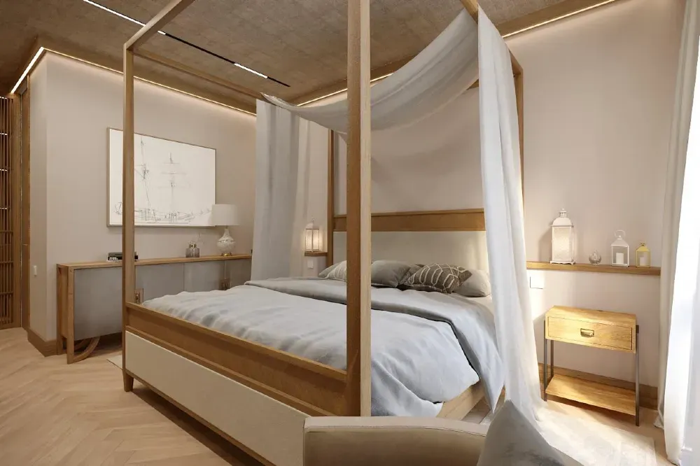 Уютная спальня с четырьмя колоннами и балдахином над кроватью
