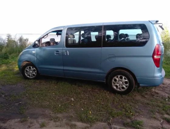 Голубой минивэн стоит на травянистой местности