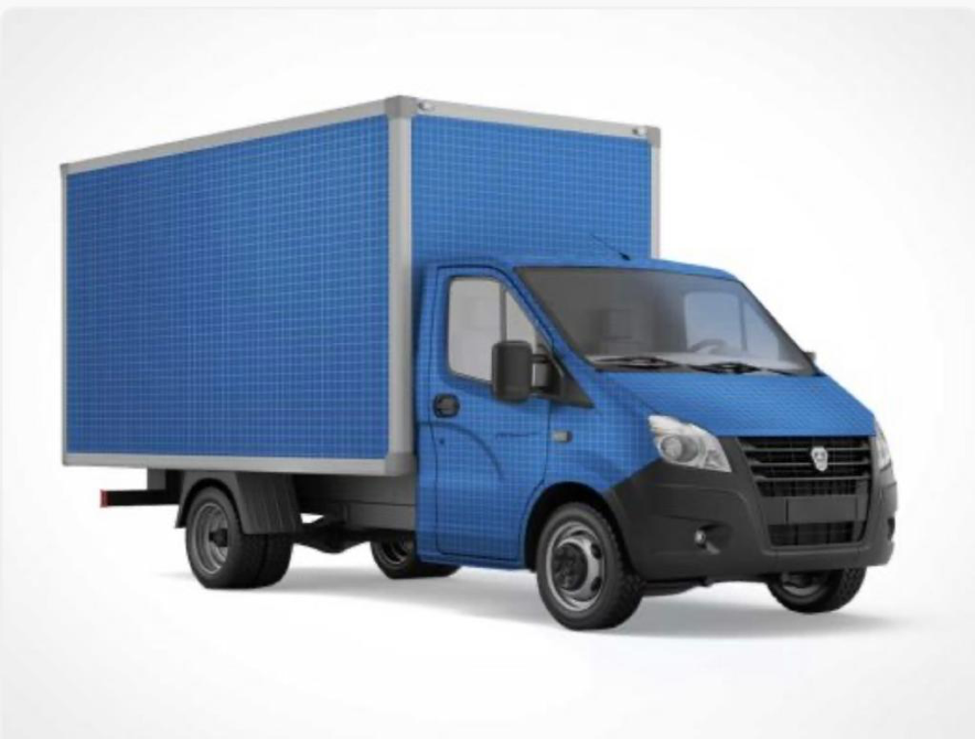 Синий грузовик с крытым кузовом, предназначенный для перевозки товаров