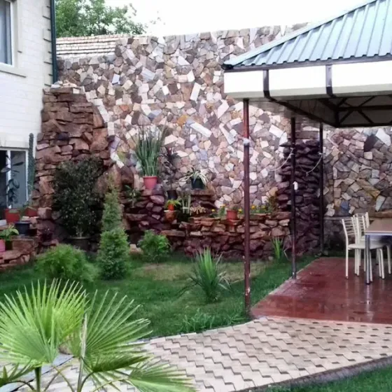 Сад с каменной стеной и растениями