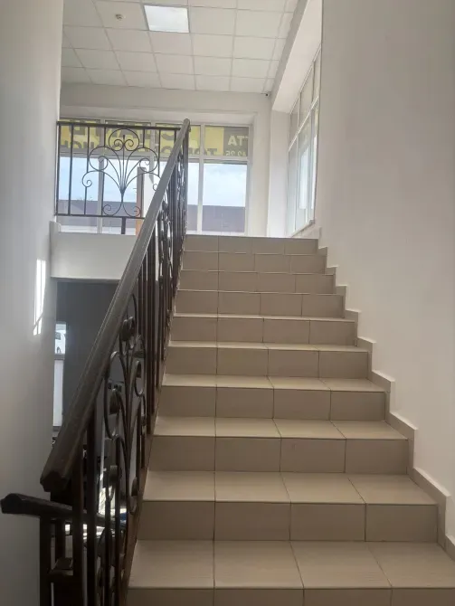 Лестница в офисное здание с декоративной решеткой и окнами