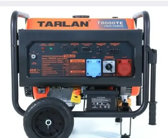 Tarlan T8000TE генераторы автоматты кернеу реттегішпен, мобильді модельмен және дөңгелектермен жабдықталған.