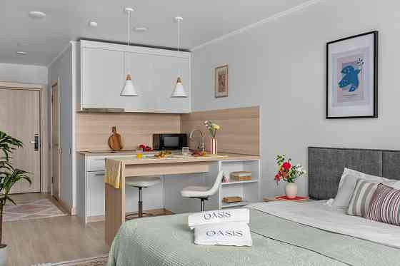 Современная однокомнатная квартира с кухней и зоной отдыха