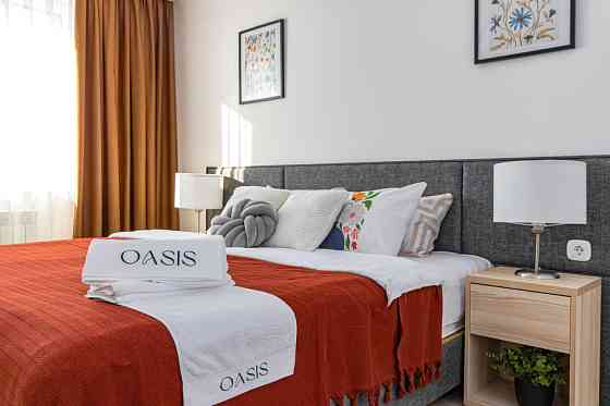 Современный интерьер гостиной с кухней, серый диван, деревянный пол, яркий ковер