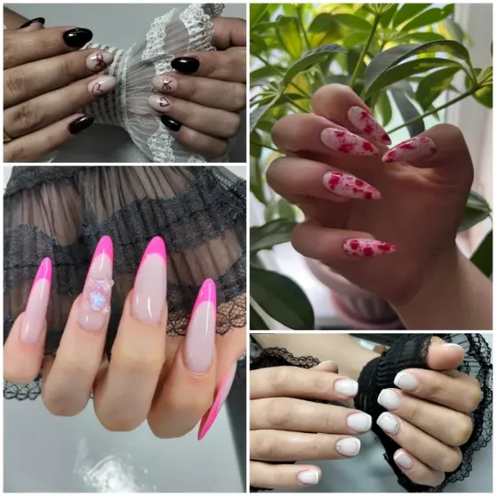 Маникюр с черным и белым дизайном, нюдовые ногти с розовой границей, красные ногти с цветами, стильное оформление с черной кружевной тканью