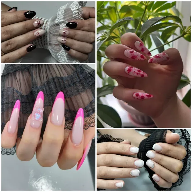 Маникюр с черным и белым дизайном, нюдовые ногти с розовой границей, красные ногти с цветами, стильное оформление с черной кружевной тканью