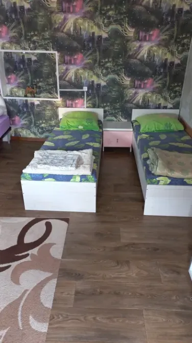 Екі төсекпен жабдықталған ұйықтайтын бөлме және жасыл жастықтар