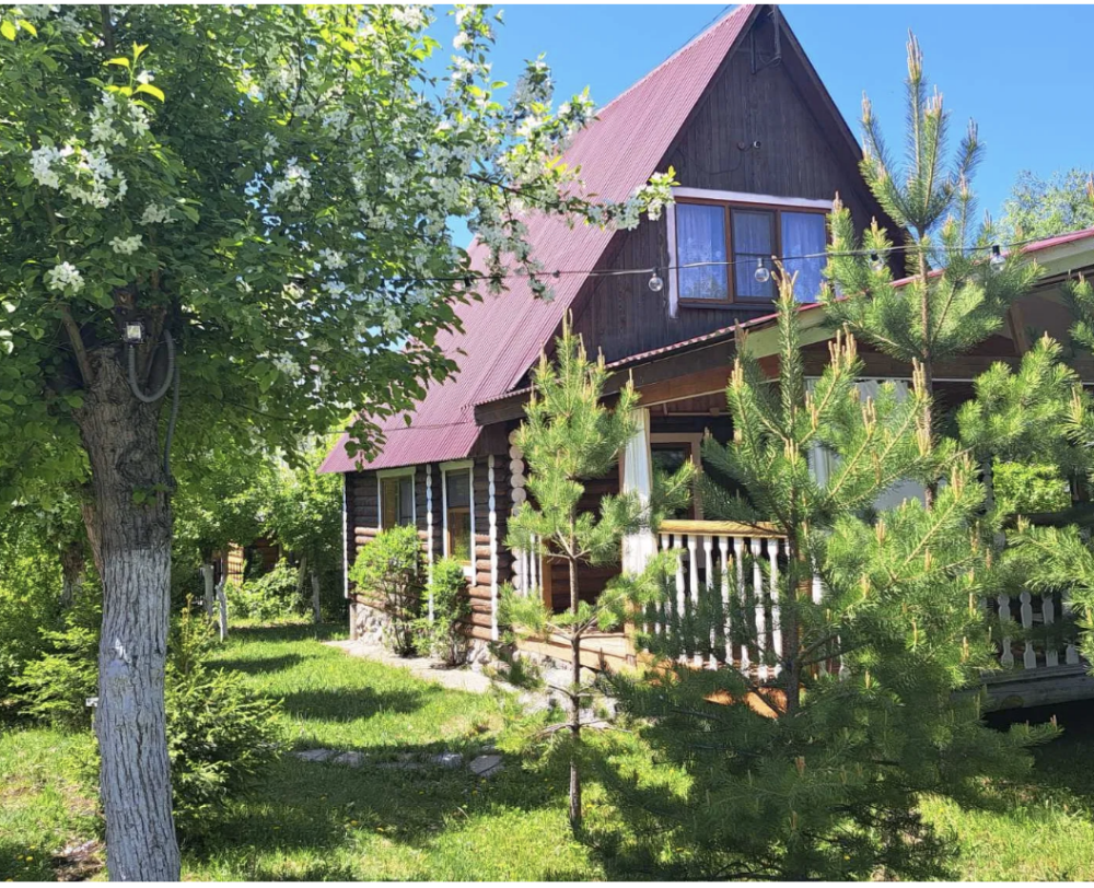 Маленький загородный дом с крышей в форме треугольника и зеленым двором