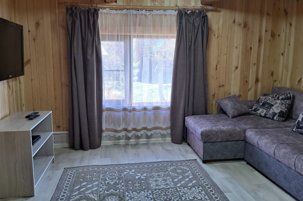 Гостиная с диваном и телевизором, окна с шторами