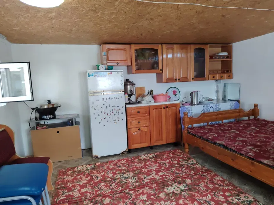 Кухня с деревянными шкафами, плитой и холодильником, красочный ковер