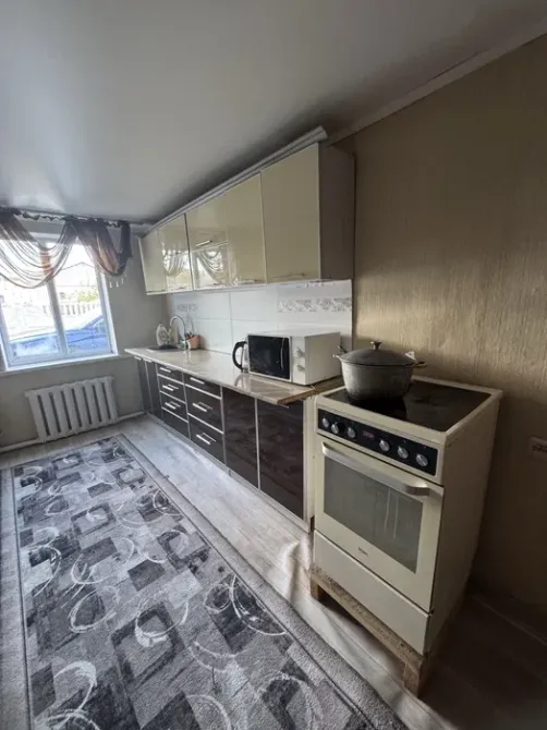 кухня с плитой и микроволновкой