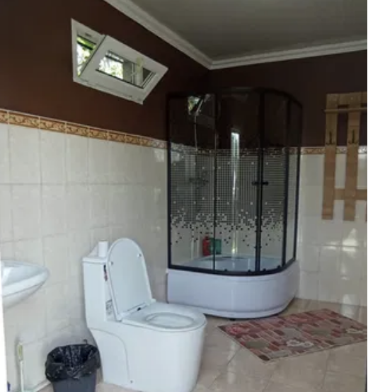 душ кабинасы мен дәретхана бар ванна бөлмесі