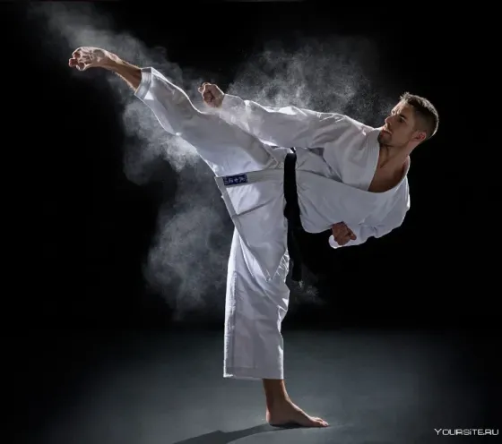 Каратэнин батыры жоғары техникалық соққы техникасын орындайды, қараңғы фондағы шаң бұлтымен қоршалған.