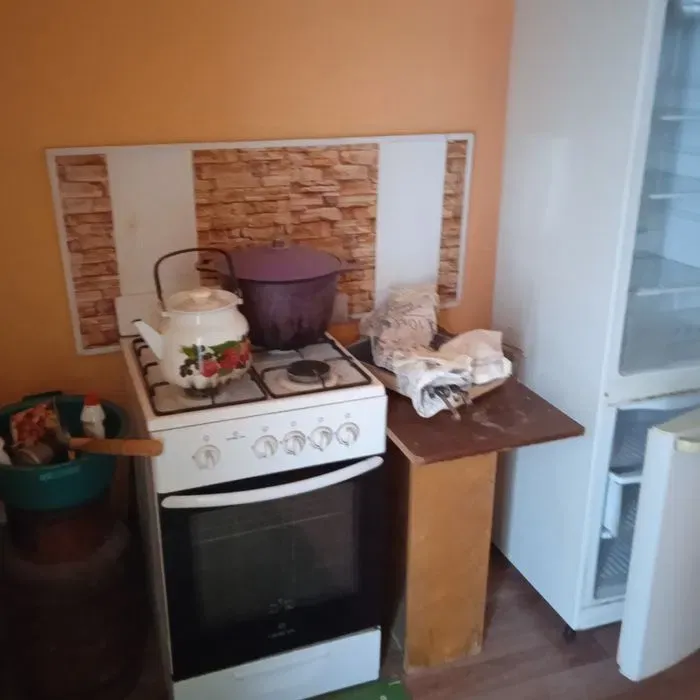 Кухонная зона с газовой плитой и холодильником