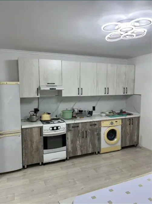 Кухня с плитой, холодильником и стиральной машиной