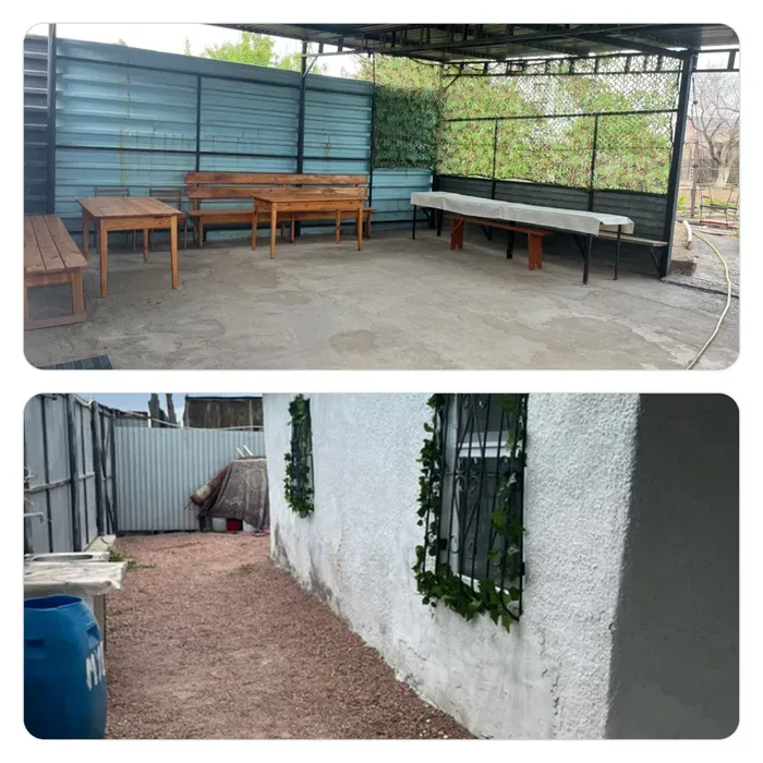 Сүйретпе астында үстелдермен жабдықталған сыртқы демалыс аймағы