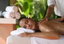 Массажист проводит расслабляющий массаж женщины в спа-салоне на фоне зелени