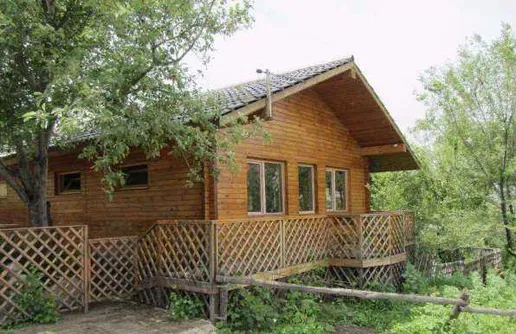 Деревянный дом с верандой на фоне зелени