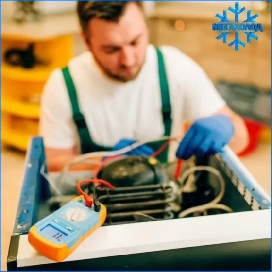 Мультимедийный логотип компании Мегахолод с изображением персонажа с инструментом и холодильника