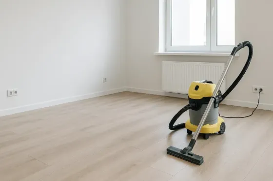 Пылесос на деревянном полу в пустой комнате с окном