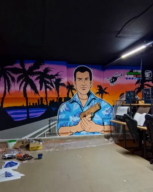 Граффити персонажа видеоигры на стене