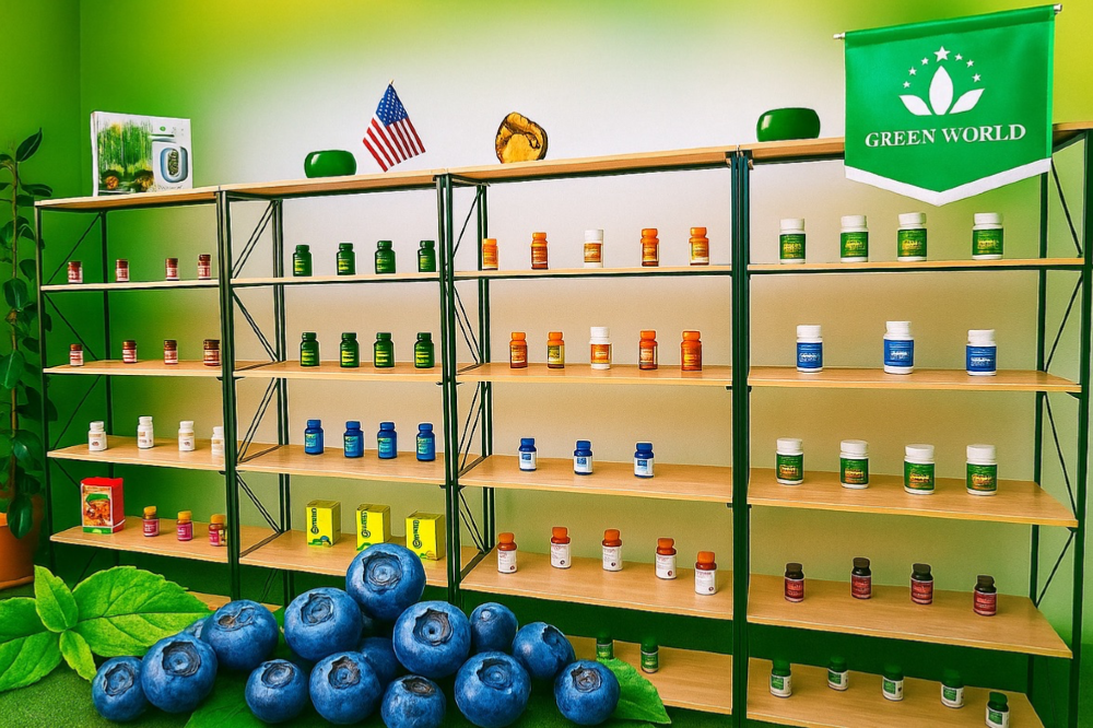 Green World компаниясының витаминдер мен қоспаларға арналған стеллаждары, өнімдер жасыл акценттермен безендірілген сөрелерде орналастырылған