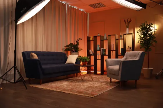 Студия для подкастов с растениями и картинами на стене