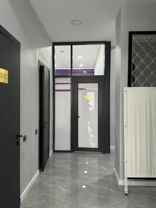 Современный коридор с черными дверями и прозрачными перегородками
