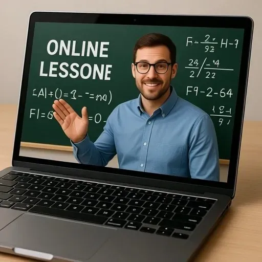 онлайн-урок преподаватель на экране ноутбука в классной комнате