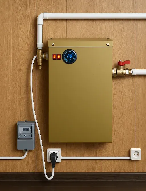 Теплообменник на стене с трубопроводами и электроника в помещении