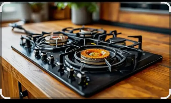 Домашняя кухня с мужчиной, который включает газовую плиту, и женщиной в красном платье, наблюдающей за ним