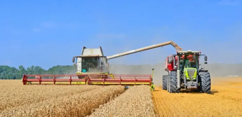 Техника для сбора пшеницы на поле в солнечный день