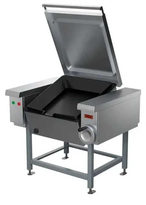 Электрическая сковорода с открытой крышкой, изготовленная из нержавеющей стали, оснащённая кнопками управления и регулировкой температуры