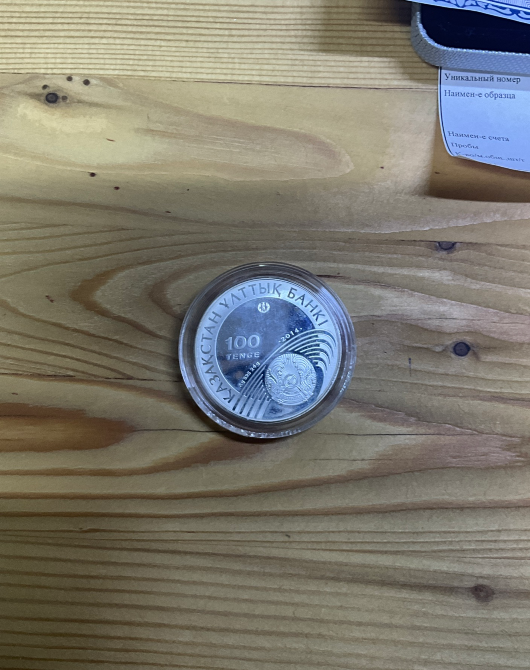 Қазақстанның 100 теңгелік монетасы ағаш бетіндегі.