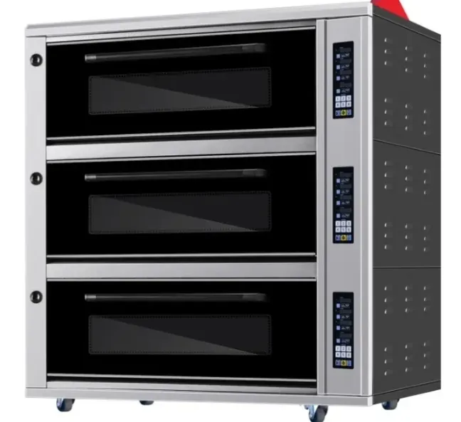 Печь для пиццы с тремя уровнями и черной стеклянной дверцей, современный дизайн, на колесах для легкого перемещения