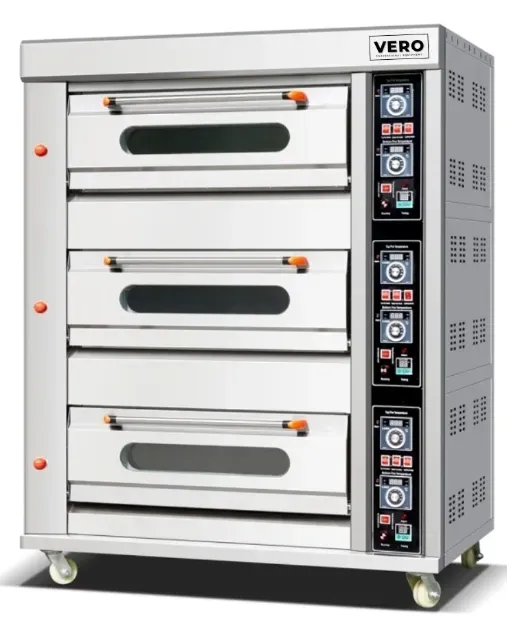 Профессионалдық VERO наубайхана пеші, нан мен басқа да кондитерлік өнімдерді пісіруге арналған үш деңгейлі, цифрлық дисплейлермен жабдықталған.