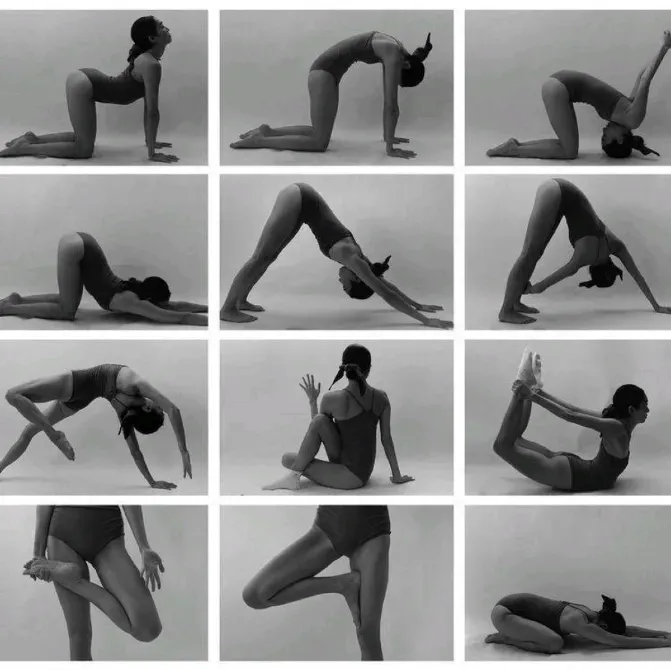 Түрлі асаналарды көрсететін йога позаларының коллажы