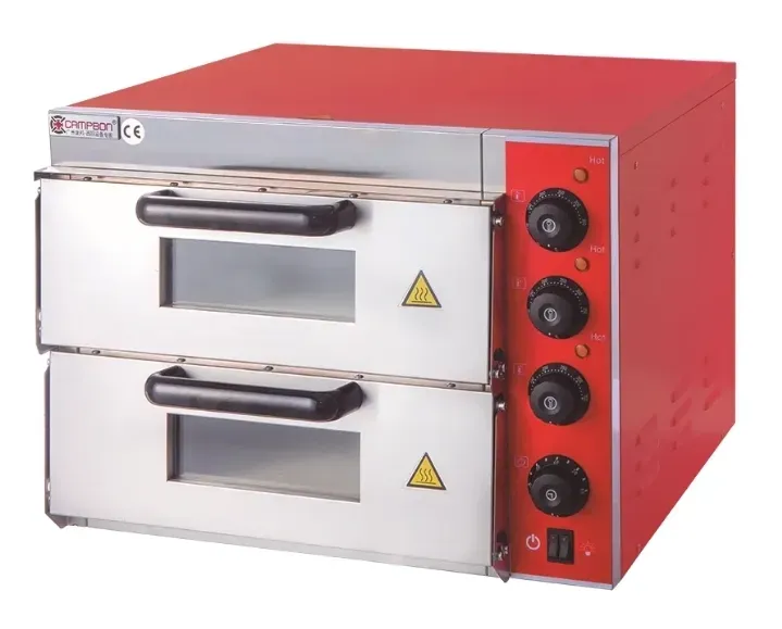 Екі қабатты металл корпусымен және қызыл безендіруімен пицца мен нан пісіруге арналған пекарня.